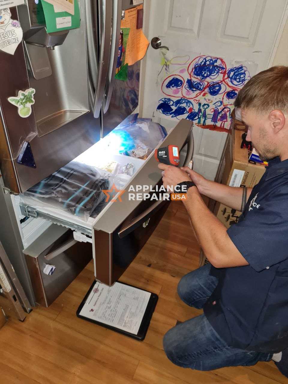 Technician inspects freezer with flashlight