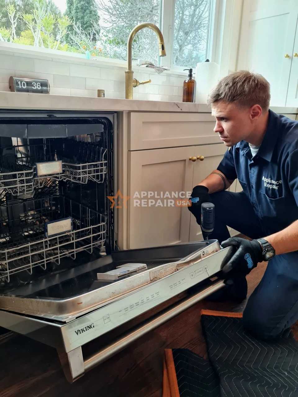 A technician in a uniform and black gloves is repairing a dishwasher